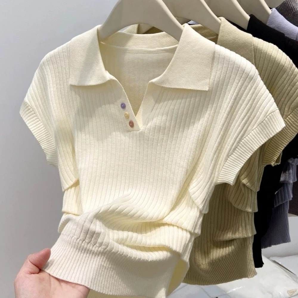 Cream Ribbed Knit Polo Top